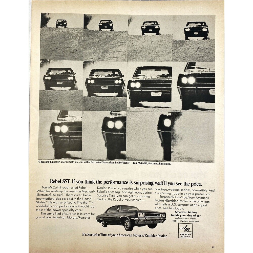 American Motors Rebel "Its surprise time at American Motors" Vtg Print Ad 1967